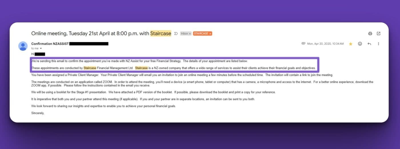 Email confirming staircase NZ assist link