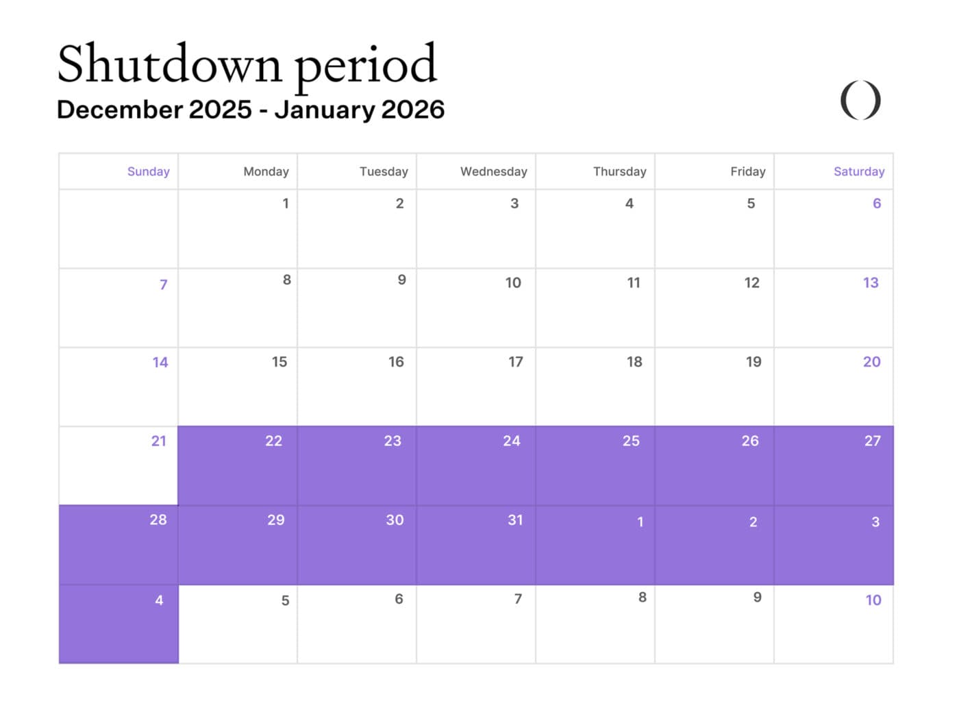Shutdown calendar 2025 26