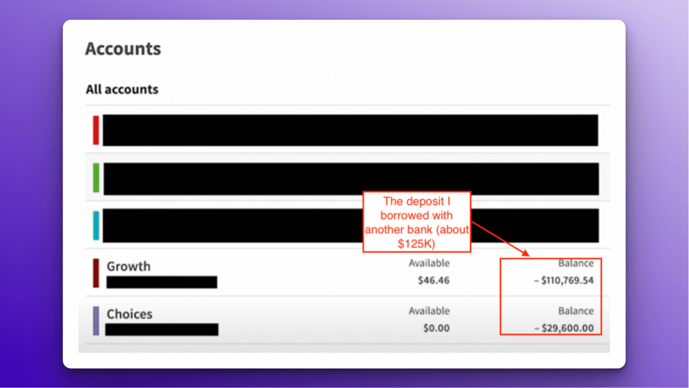 Ed's bank account showing the deposit he borrowed with another bank